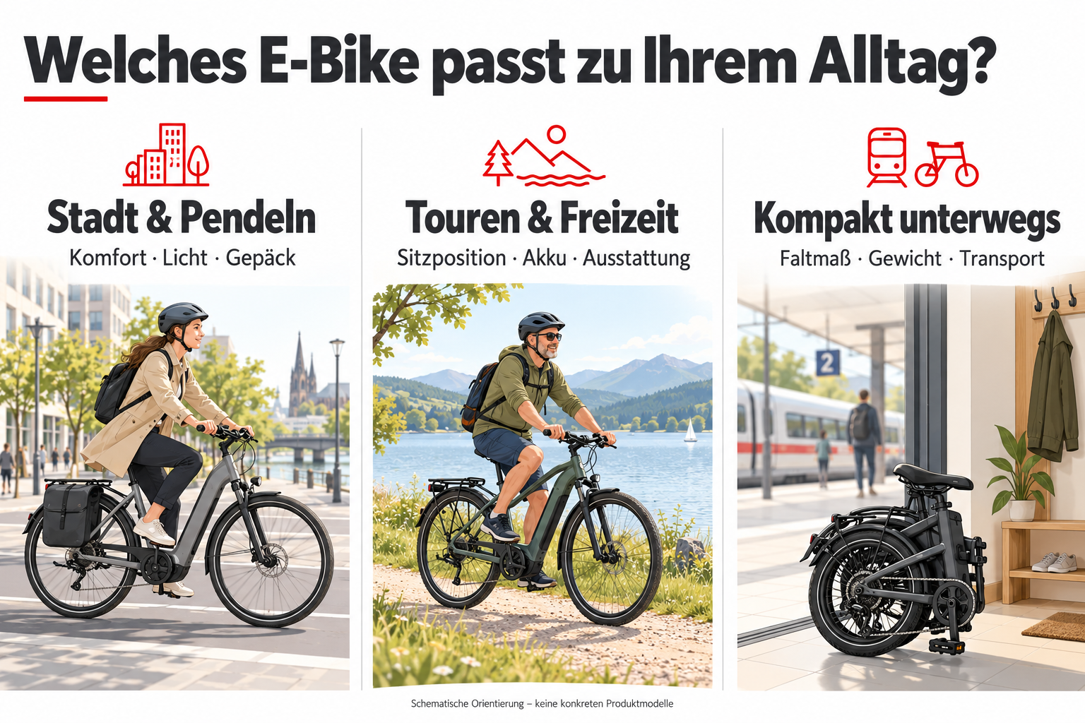 E-Bike-Einsatzbereiche im Vergleich: Stadt und Pendeln mit Komfort, Licht und Gepäck; Touren mit passender Sitzposition und Akku; kompakte Falträder für Transport und wenig Platz.