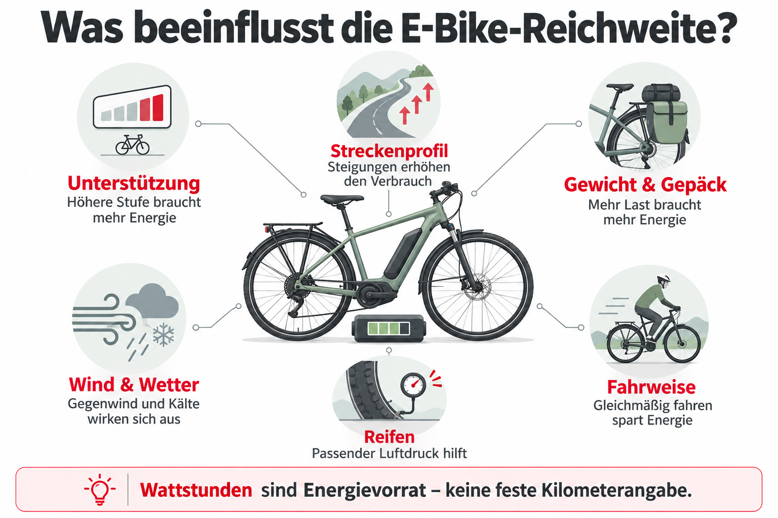 Sechs Faktoren für die E-Bike-Reichweite: Unterstützungsstufe, Steigungen, Gewicht und Gepäck, Wind und Wetter, Reifendruck und Fahrweise. Wattstunden geben den Energievorrat an, keine feste Kilometerzahl.