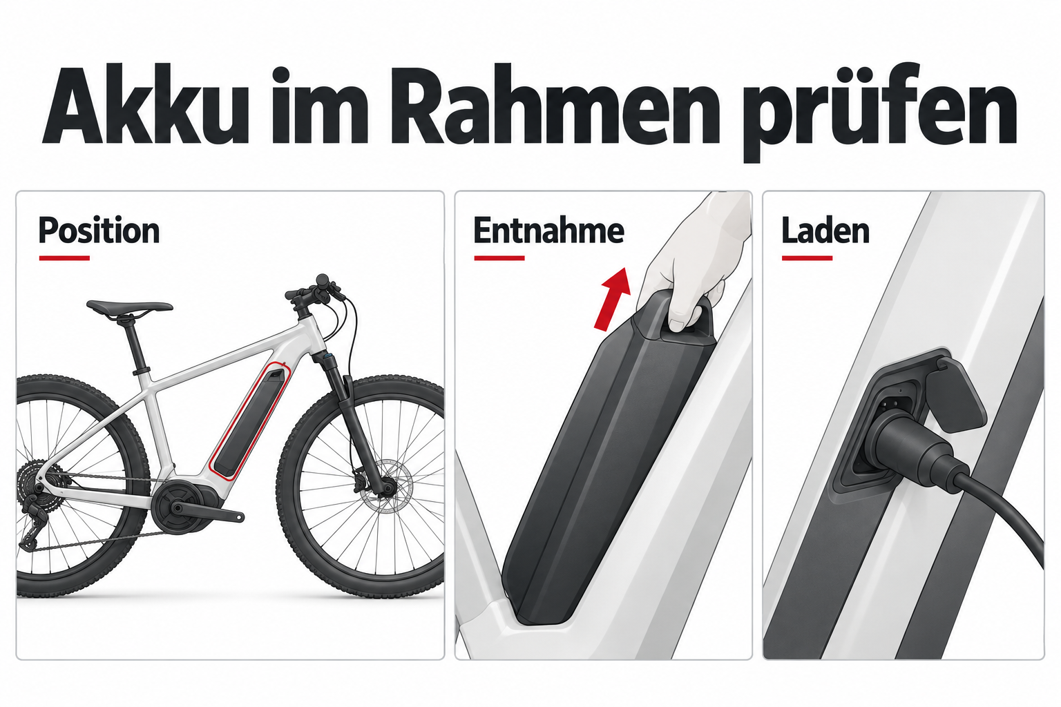 Position, Entnahme und Laden eines E-Bike-Akkus