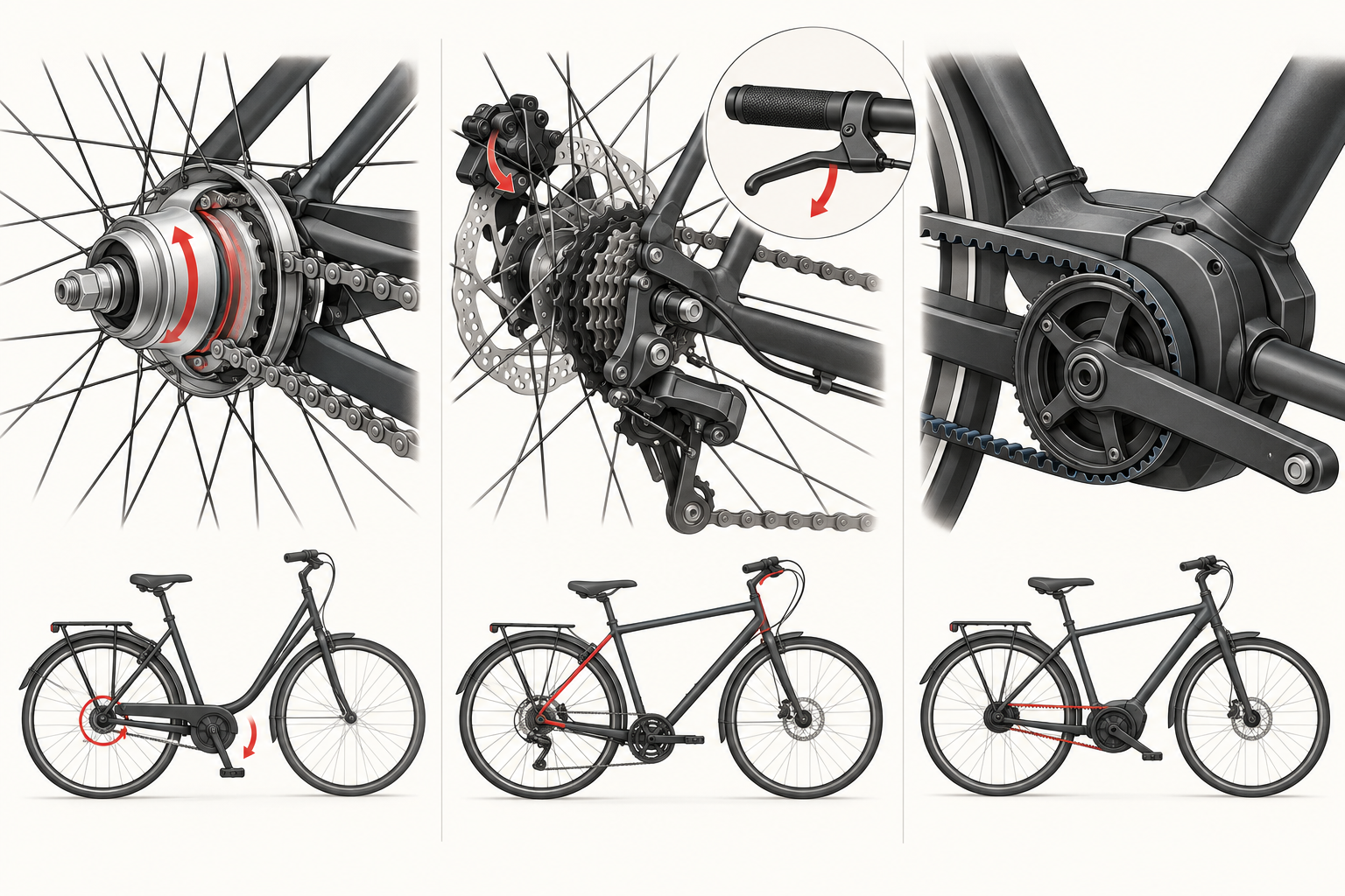 Antrieb und Bremsen am Fahrrad schematisch vergleichen