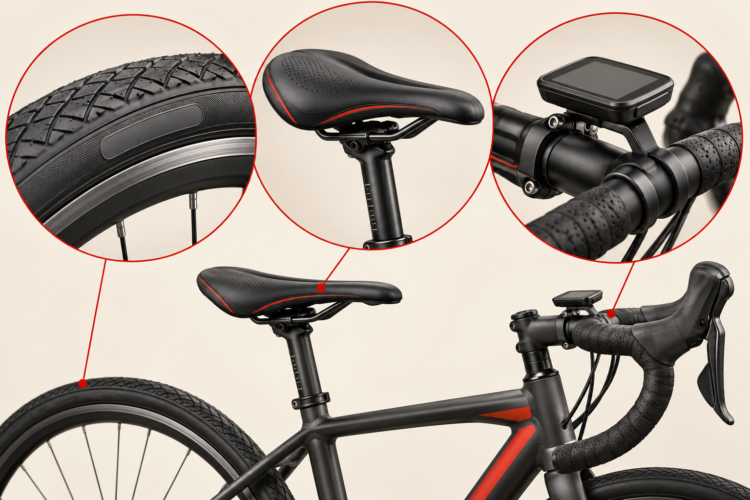 Reifen, Sattel und Lenkerzubehör am Fahrrad schematisch vergleichen