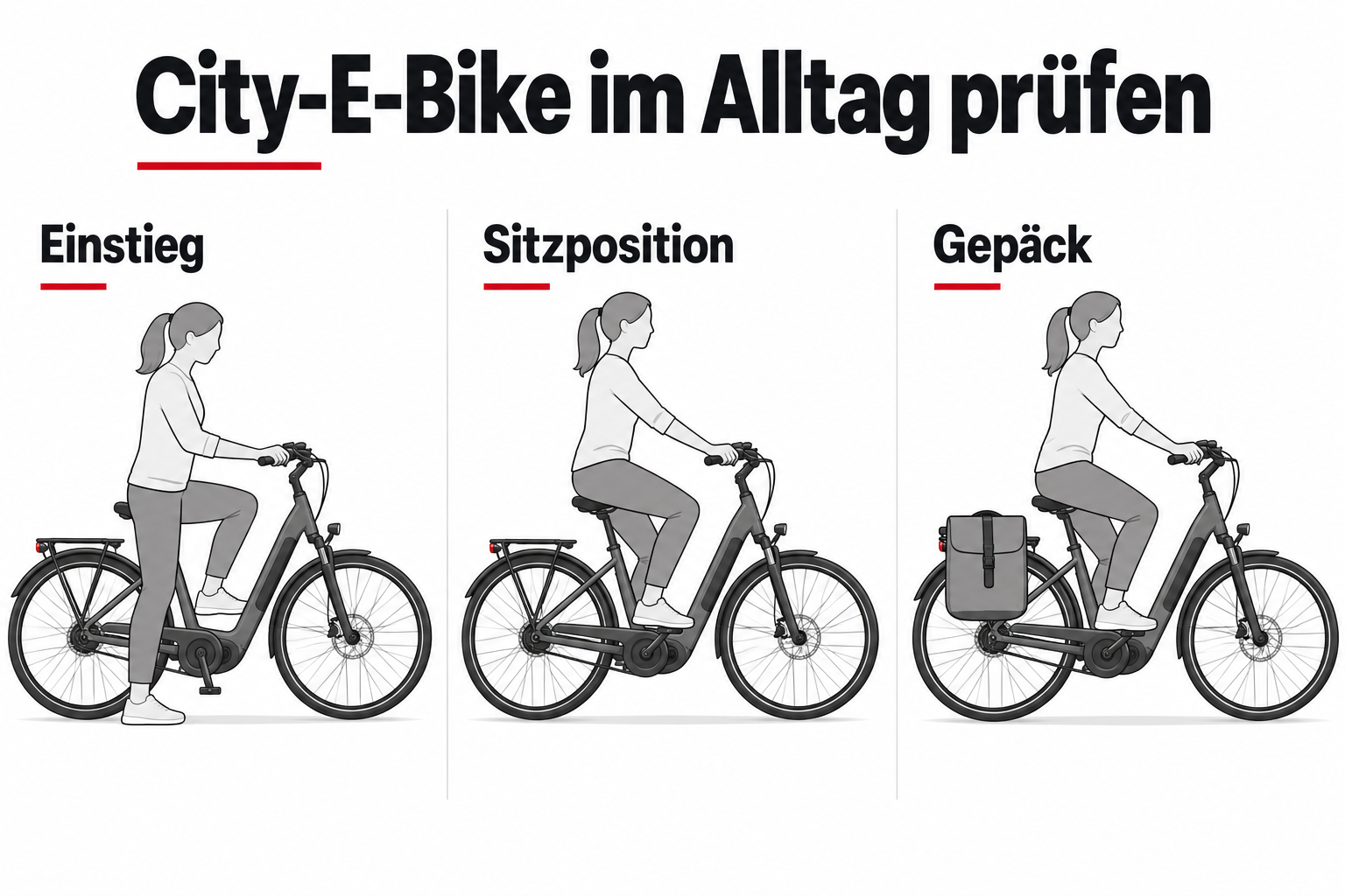 Einstieg, Sitzposition und Gepäck am City-E-Bike