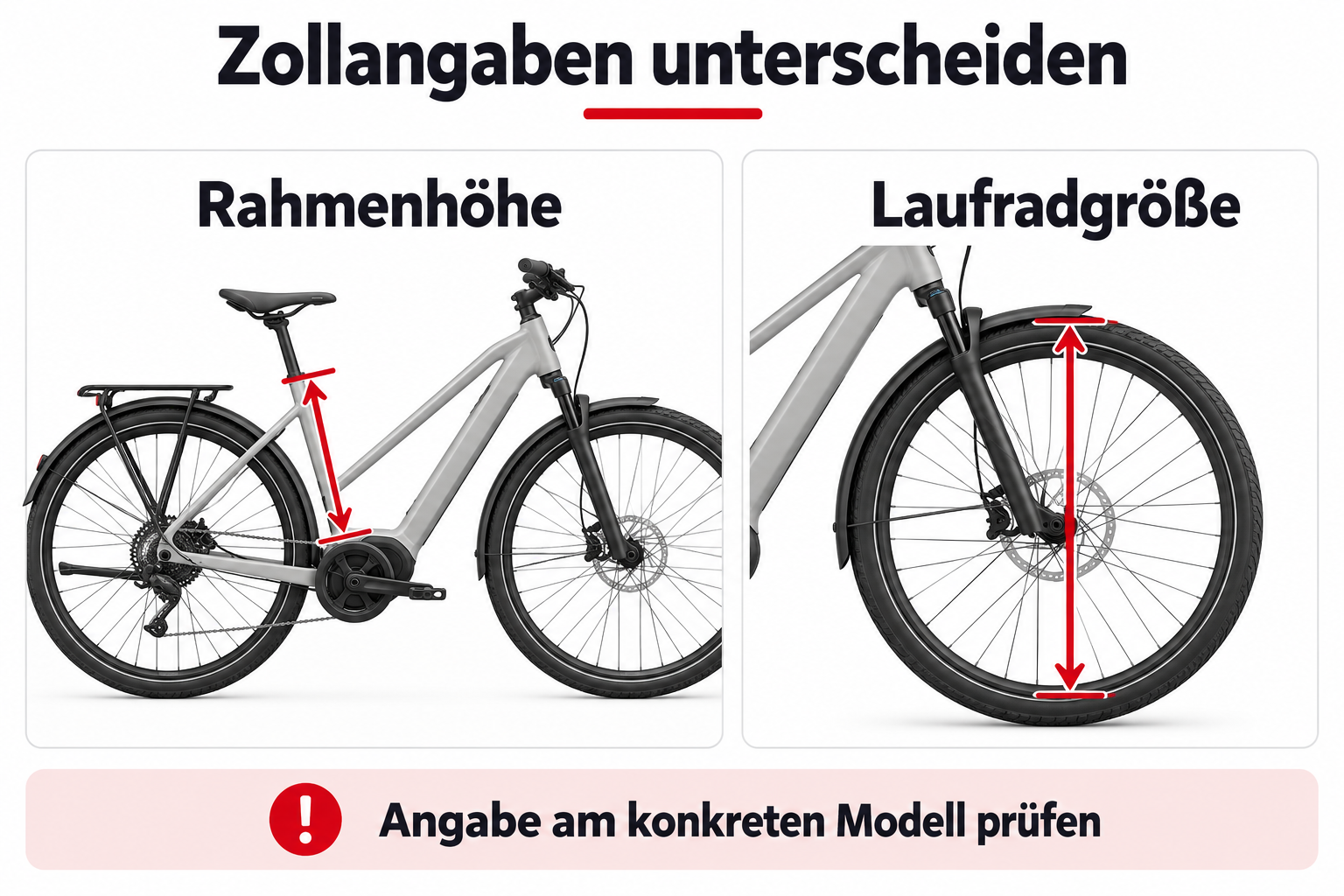 Rahmenhöhe und Laufradgröße am E-Bike unterscheiden