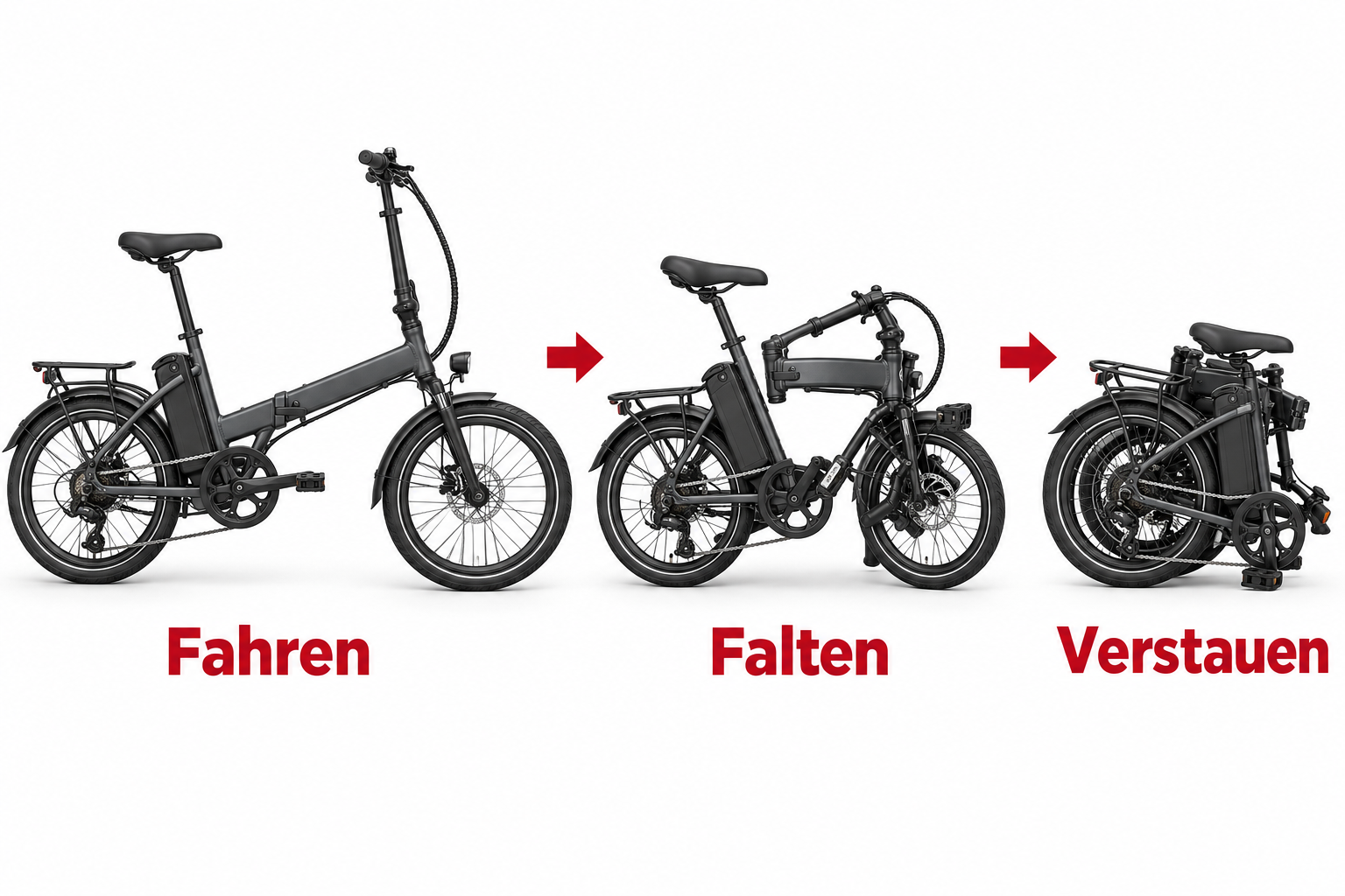 E-Faltrad beim Fahren, Falten und Verstauen