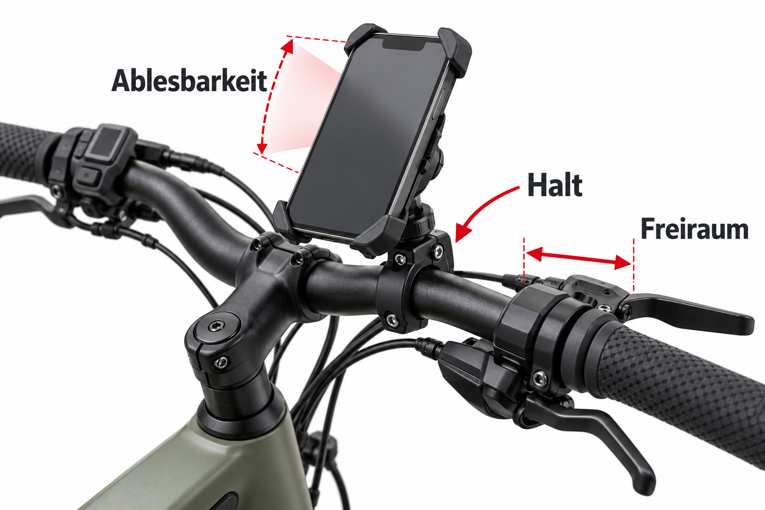 Handyhalterung mit Halt, Ablesbarkeit und Freiraum am Lenker