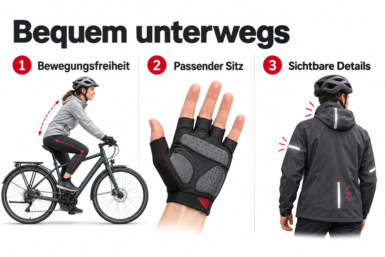 Bewegungsfreiheit, passender Sitz und sichtbare Details bei Fahrradbekleidung