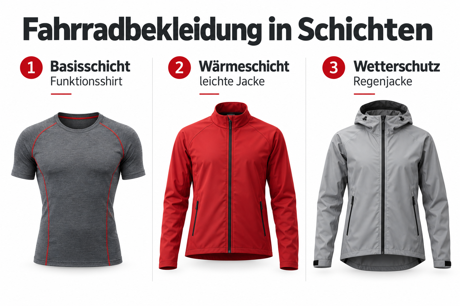 Fahrradbekleidung aus Basisschicht, Wärmeschicht und Wetterschutz kombinieren