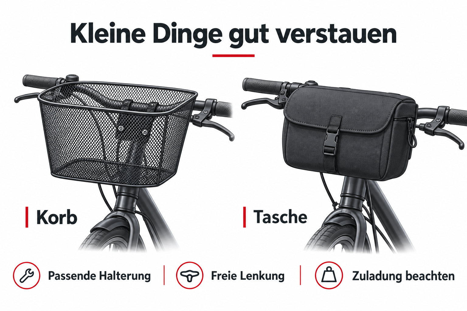 Lenkerkorb und Lenkertasche mit passender Halterung und freier Lenkung