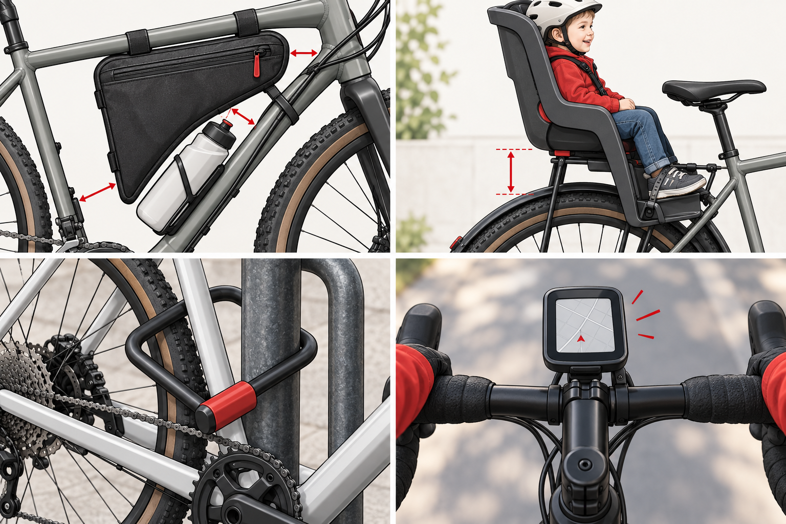 Rahmentasche, Kindersitz, Schloss und Fahrradcomputer am Rad prüfen
