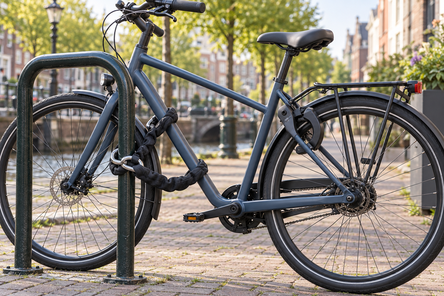 Fahrrad mit Rahmenschloss und zusätzlicher Kette an einem festen Fahrradständer