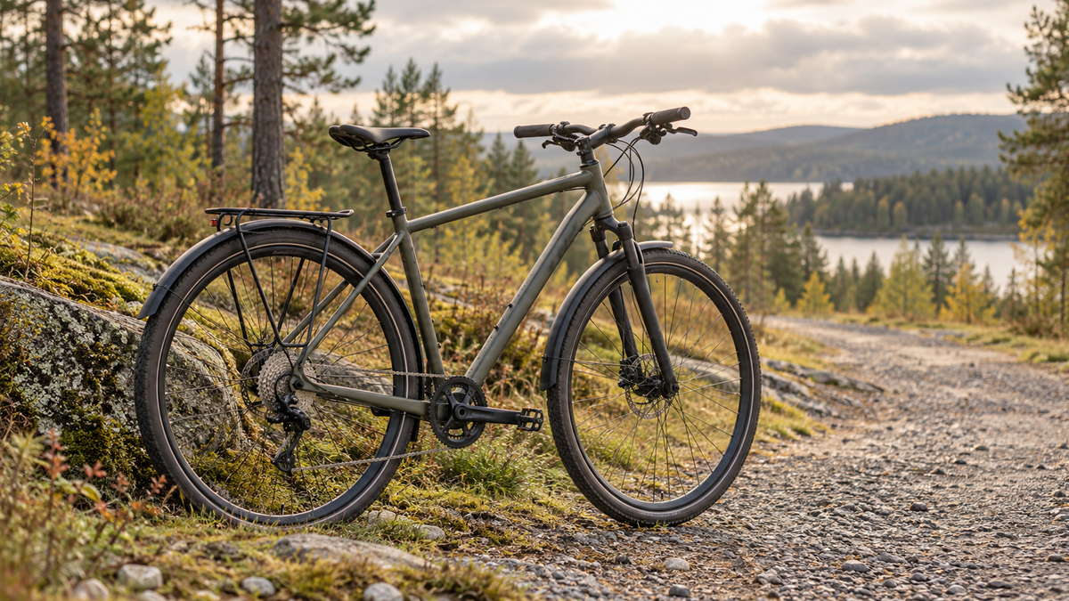 Illustratives Crossbike auf einem befestigten Waldweg