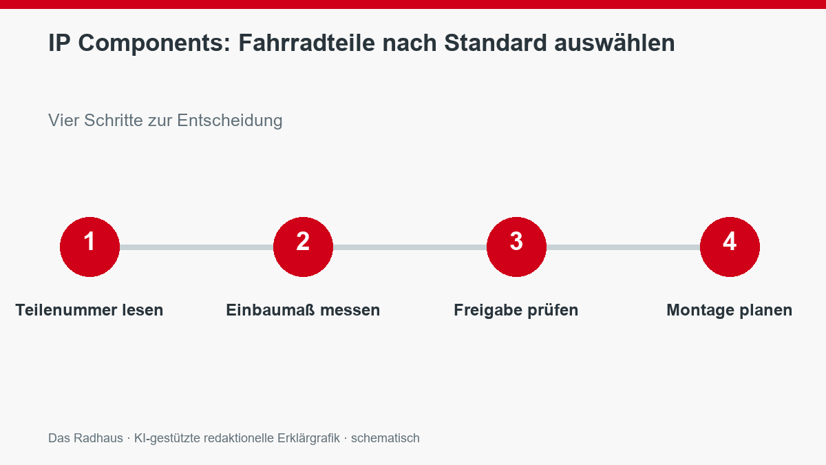 IP Components: Fahrradteile nach Standard auswählen: Teilenummer lesen, Einbaumaß messen, Freigabe prüfen, Montage planen