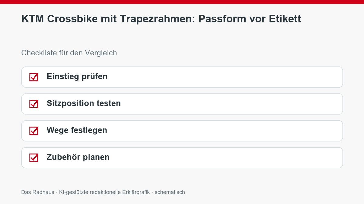 KTM Crossbike mit Trapezrahmen: Passform vor Etikett: Einstieg prüfen, Sitzposition testen, Wege festlegen, Zubehör planen