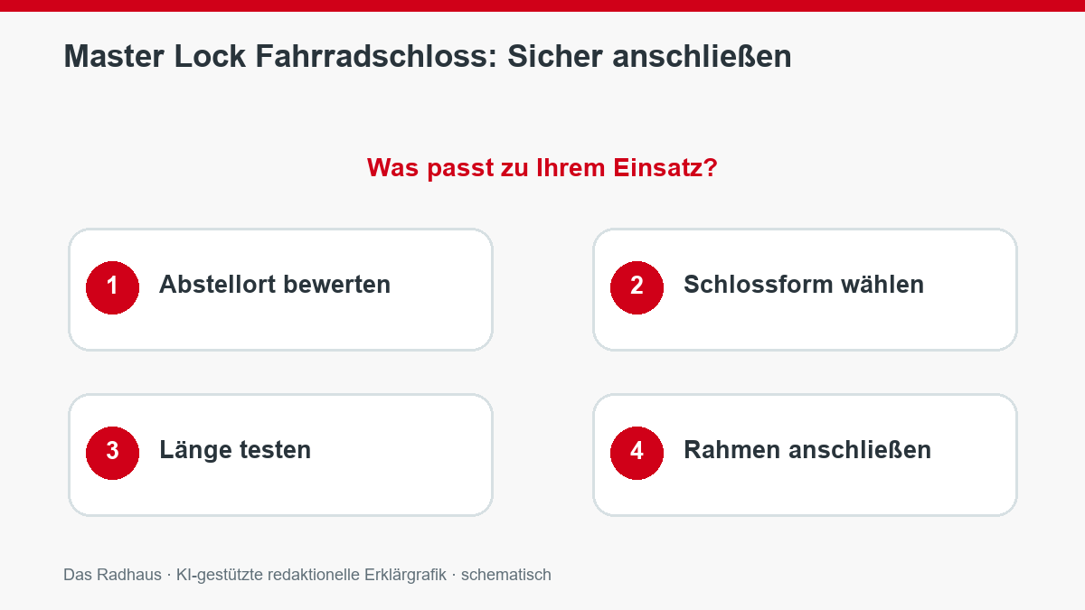 Master Lock Fahrradschloss: Sicher anschließen: Abstellort bewerten, Schlossform wählen, Länge testen, Rahmen anschließen