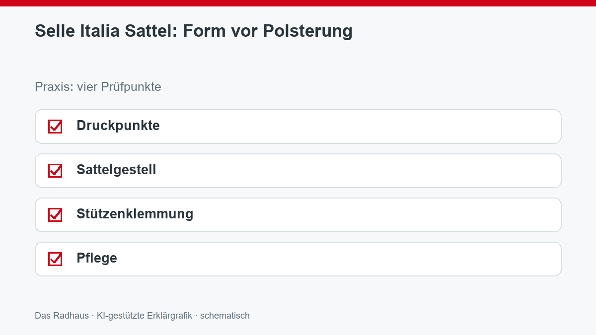 Selle Italia Sattel: Form vor Polsterung: Druckpunkte, Sattelgestell, Stützenklemmung, Pflege