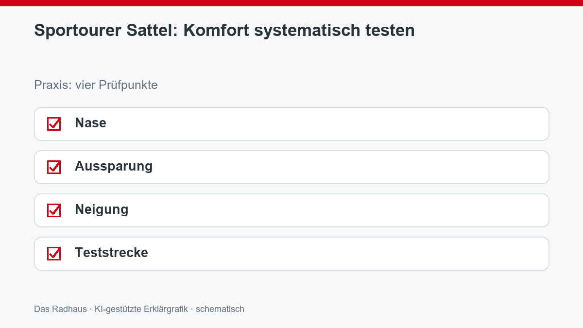 Sportourer Sattel: Komfort systematisch testen: Nase, Aussparung, Neigung, Teststrecke