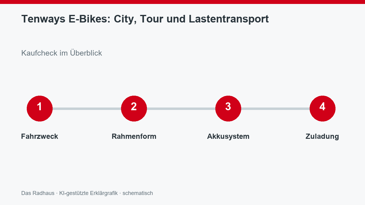 Tenways E-Bikes: City, Tour und Lastentransport: Fahrzweck, Rahmenform, Akkusystem, Zuladung