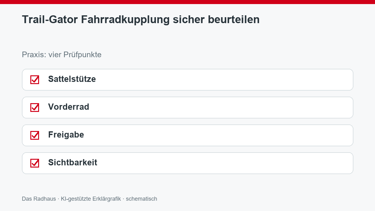 Trail-Gator Fahrradkupplung sicher beurteilen: Sattelstütze, Vorderrad, Freigabe, Sichtbarkeit