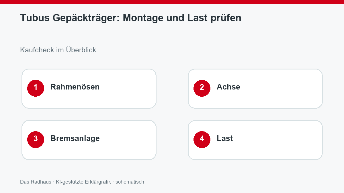 Tubus Gepäckträger: Montage und Last prüfen: Rahmenösen, Achse, Bremsanlage, Last