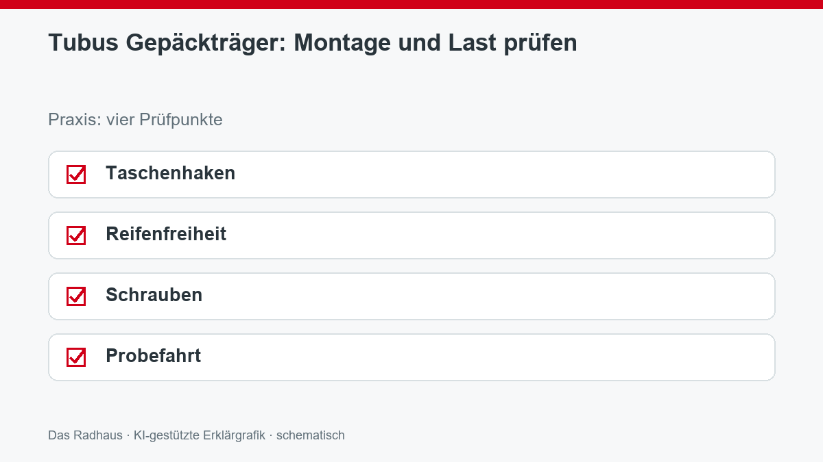 Tubus Gepäckträger: Montage und Last prüfen: Taschenhaken, Reifenfreiheit, Schrauben, Probefahrt