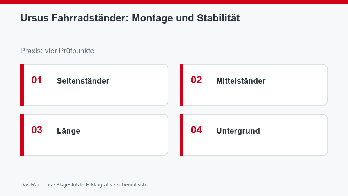 Ursus Fahrradständer: Montage und Stabilität: Seitenständer, Mittelständer, Länge, Untergrund