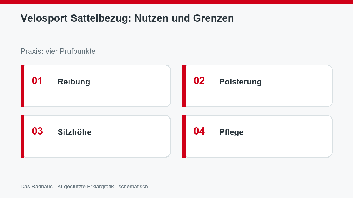 Velosport Sattelbezug: Nutzen und Grenzen: Reibung, Polsterung, Sitzhöhe, Pflege