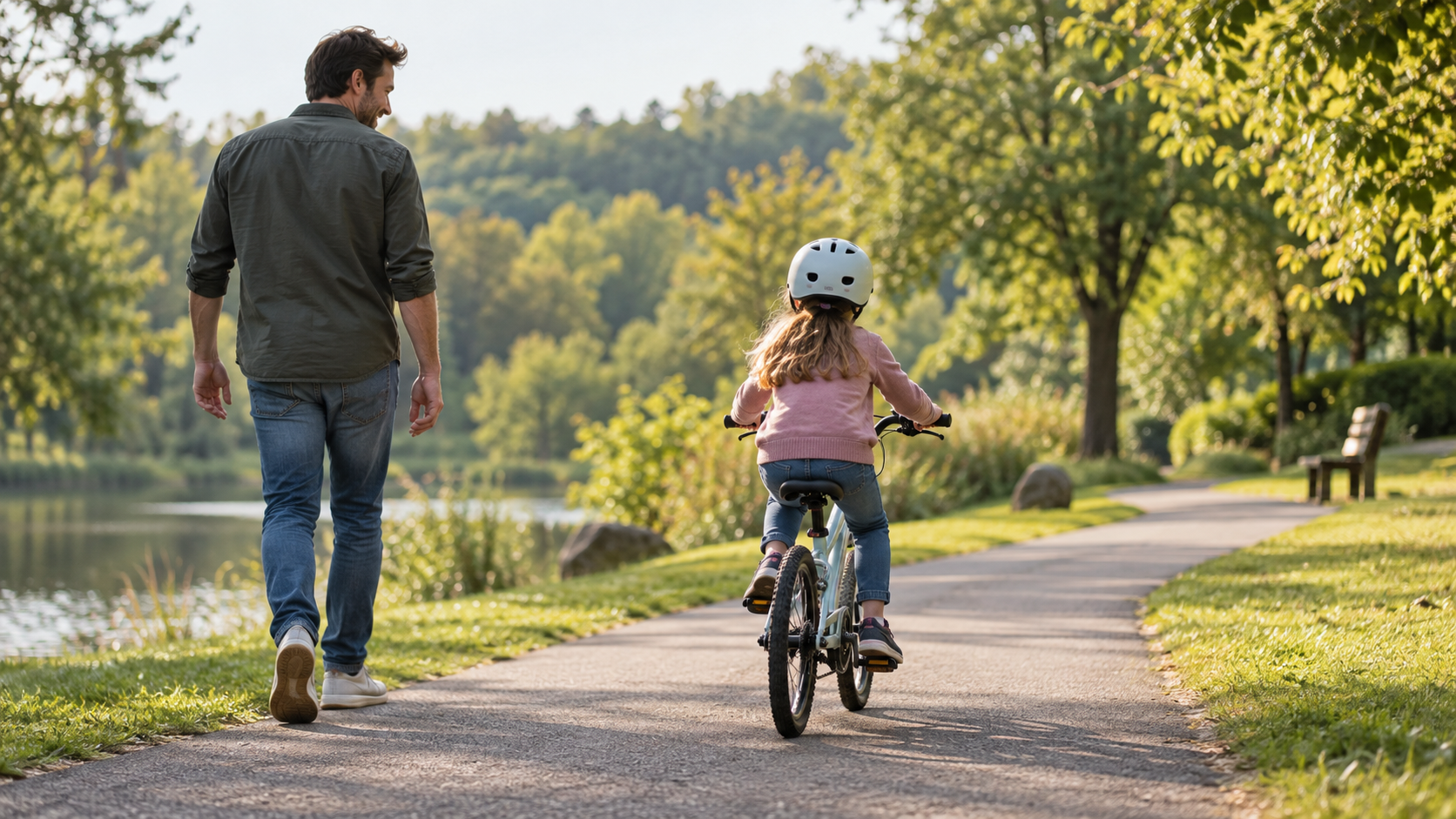 Illustrative Fahrszene mit einem unmarkierten Kinderfahrrad im Park