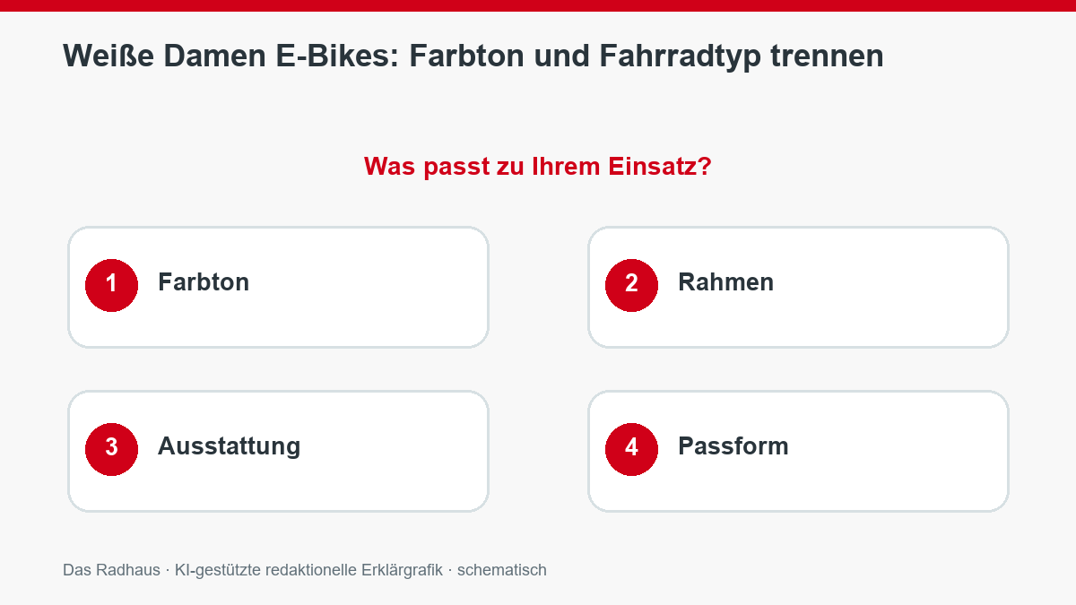 Weiße Damen E-Bikes: Farbton und Fahrradtyp trennen: Farbton, Rahmen, Ausstattung, Passform