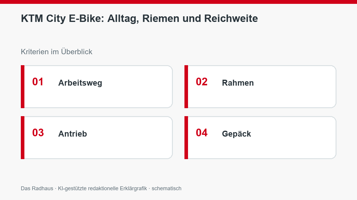 KTM City E-Bike: Alltag, Riemen und Reichweite: Arbeitsweg, Rahmen, Antrieb, Gepäck