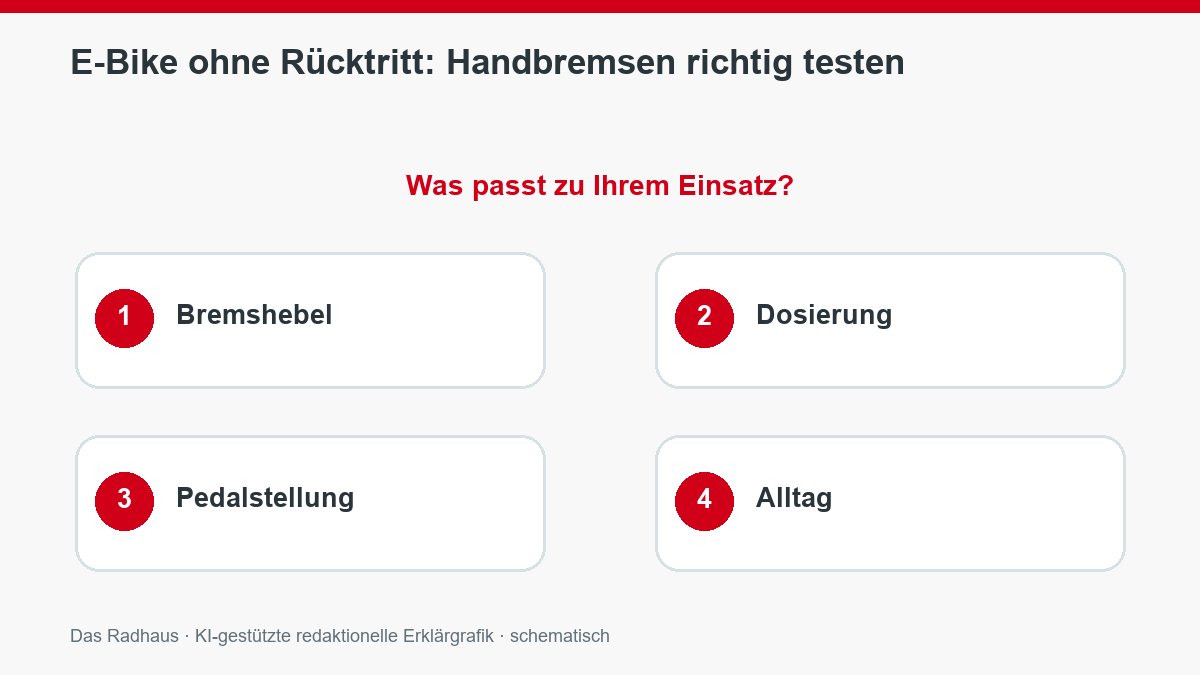 E-Bike ohne Rücktritt: Handbremsen richtig testen: Bremshebel, Dosierung, Pedalstellung, Alltag