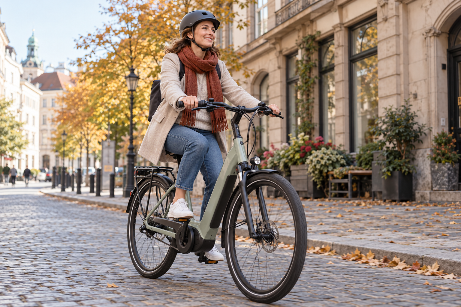 Illustrative Fahrt mit einem Tiefeinsteiger-E-Bike in der Stadt