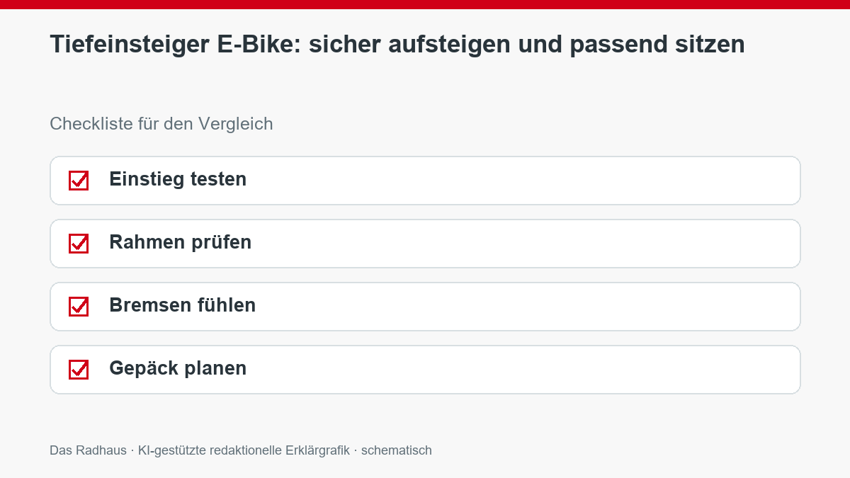 Tiefeinsteiger E-Bike: sicher aufsteigen und passend sitzen: Einstieg testen, Rahmen prüfen, Bremsen fühlen, Gepäck planen