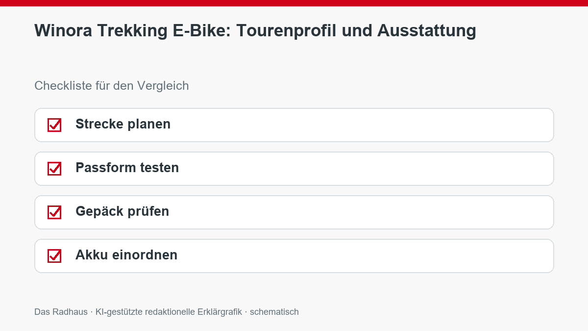 Winora Trekking E-Bike: Tourenprofil und Ausstattung: Strecke planen, Passform testen, Gepäck prüfen, Akku einordnen