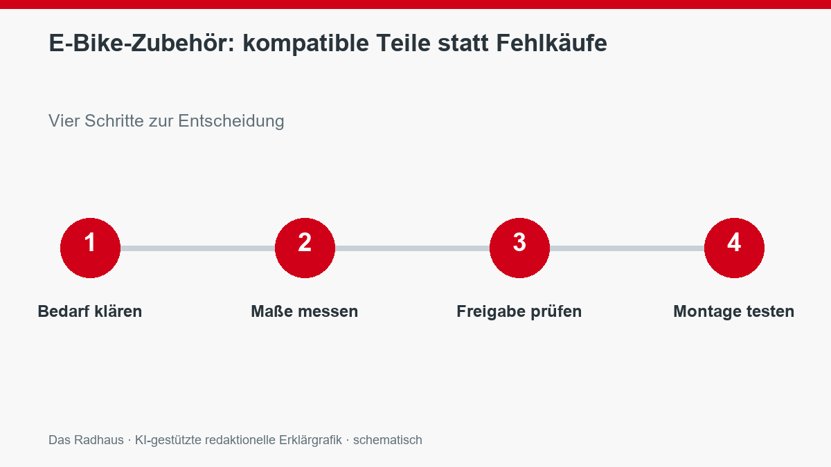 E-Bike-Zubehör: kompatible Teile statt Fehlkäufe: Bedarf klären, Maße messen, Freigabe prüfen, Montage testen