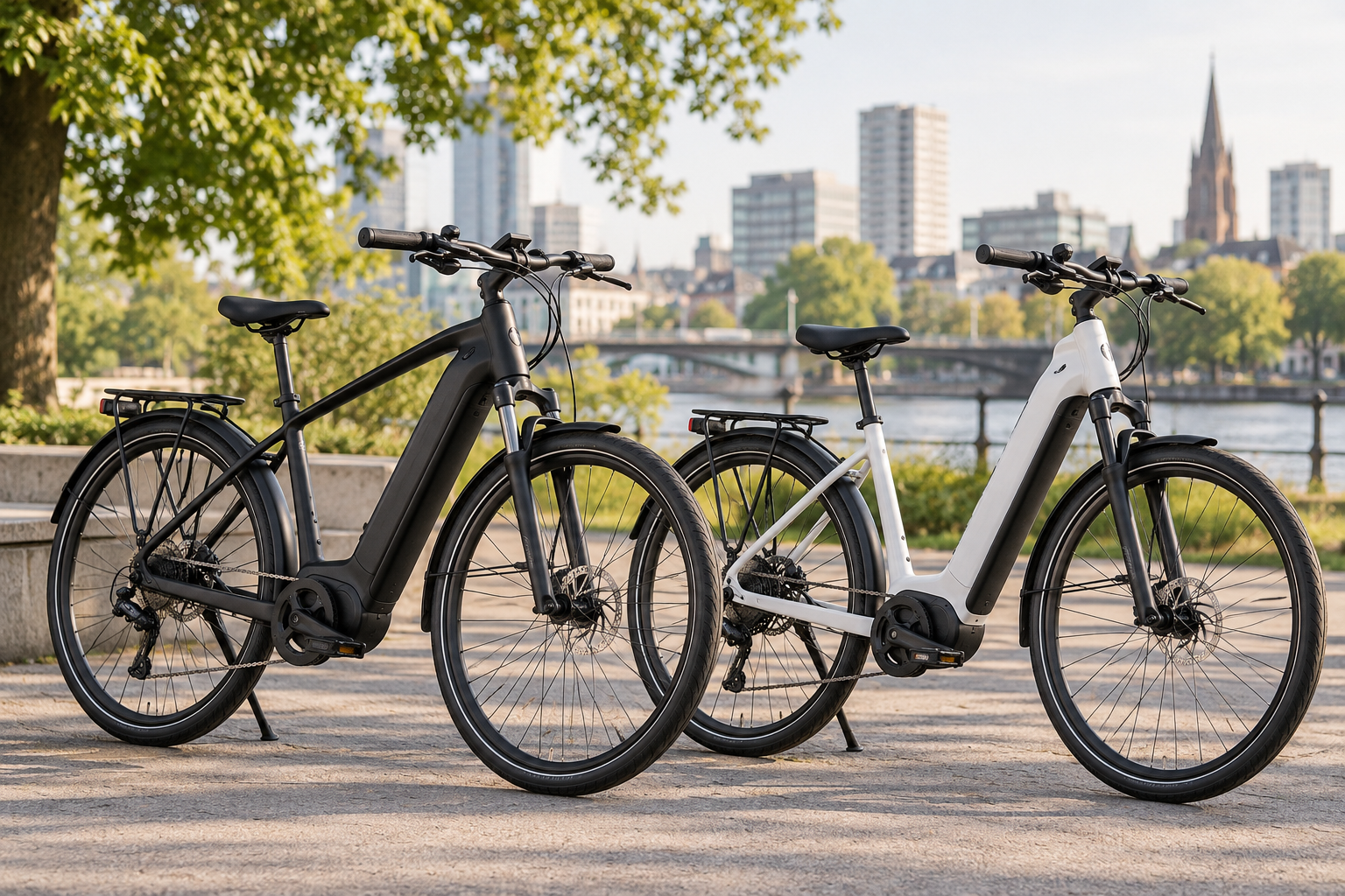 Illustrative schwarze und weiße E-Bikes im direkten Vergleich