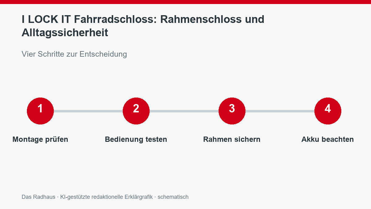 I LOCK IT Fahrradschloss: Rahmenschloss und Alltagssicherheit: Montage prüfen, Bedienung testen, Rahmen sichern, Akku beachten